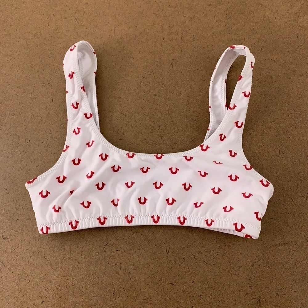 True Religion x Raven Womens XS White Red Monogram Stretch Bikini Swim Top New